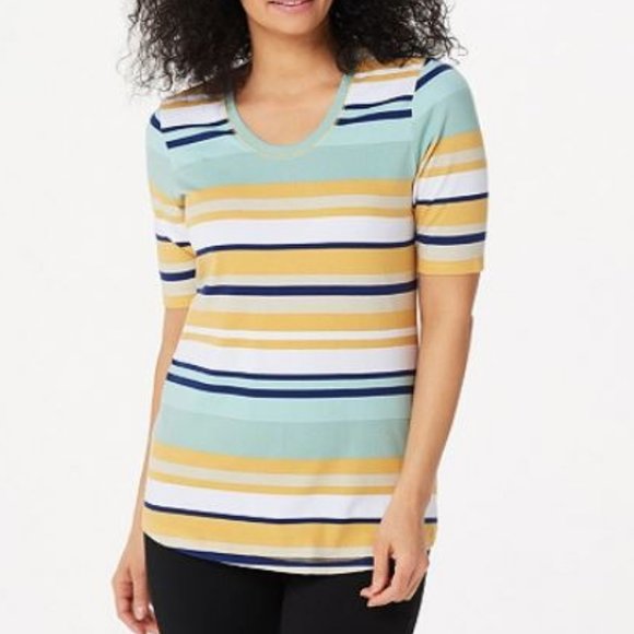 Denim&Co Tops - Stripe Print Perfect Jersey Rounded V-Neck Top 371